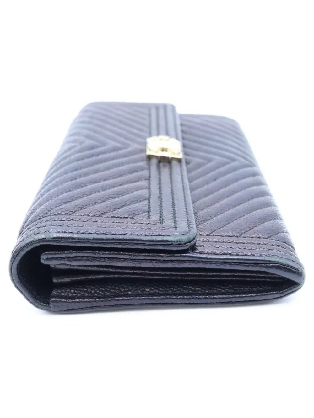 Chanel Boy Wallet Card Case Black Caviar Leather Gold